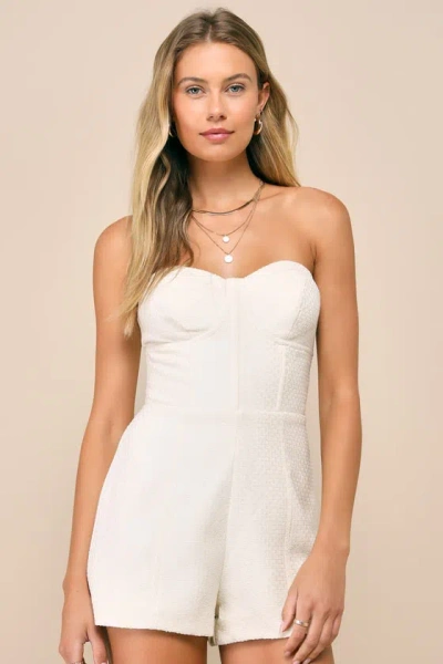 Lulus Cute Expression Cream Jacquard Strapless Bustier Romper In White