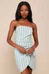 Lulus Cute Finesse Sage Striped Cotton Strapless Tie-front Mini Dress In Green