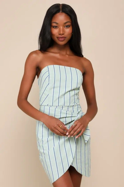 Lulus Cute Finesse Sage Striped Cotton Strapless Tie-front Mini Dress In Green