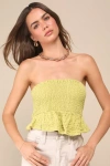 Lulus Cute Flirt Light Green Textured Smocked Strapless Top In Green