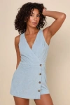 LULUS CUTE MINDSET LIGHT BLUE CORDUROY FAUX-WRAP SKORT ROMPER