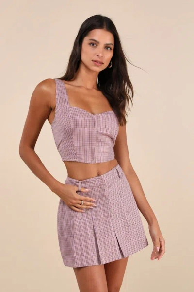 Lulus Cute Perception Light Pink Plaid Pleated High-rise Skort
