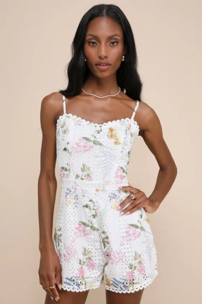 Lulus Cute Poise White Multi Floral Eyelet Embroidery Romper