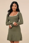 Lulus Cute Simplicity Olive Green Textured Mini Sweater Dress In Olive Green
