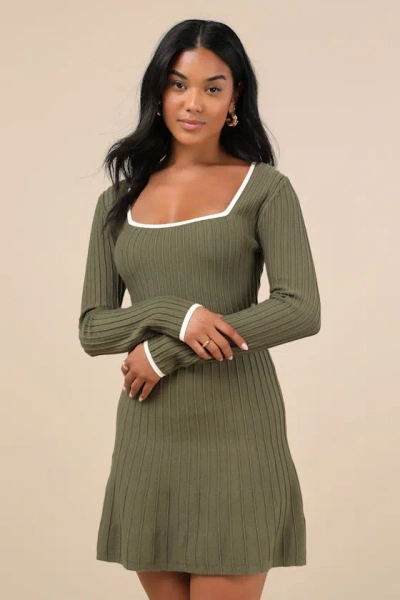 Lulus Cute Simplicity Olive Green Textured Mini Sweater Dress