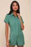 Lulus Cuteness Awaits Green Linen Collared Short Sleeve Romper In Green
