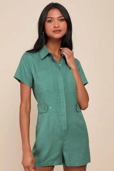 Lulus Cuteness Awaits Green Linen Collared Short Sleeve Romper