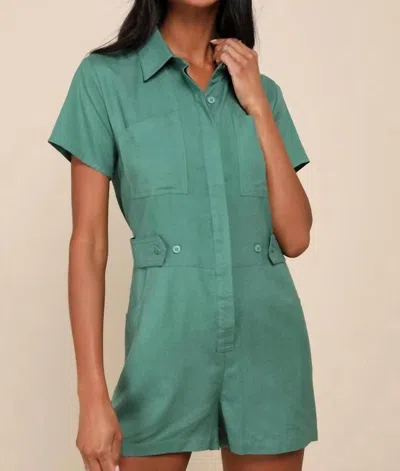 Lulus Cuteness Awaits Linen Collared Short Sleeve Romper In Green