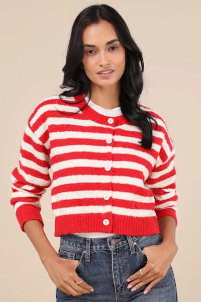 Lulus Cutest And Coziest Red And White Striped Crew Neck Cardigan