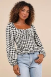 Lulus Cutest Beauty Black And White Gingham Ruched Balloon Sleeve Top In Black And White