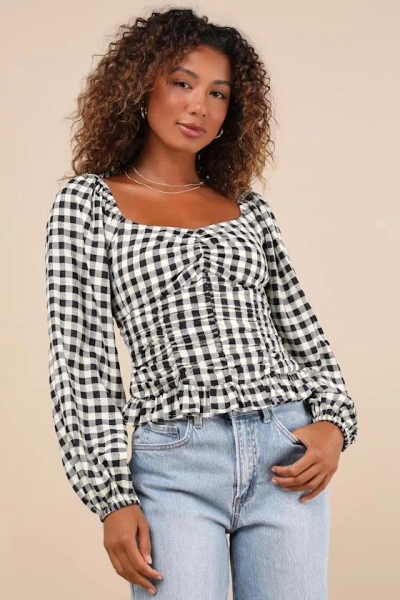 Lulus Cutest Beauty Black And White Gingham Ruched Balloon Sleeve Top