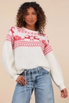 Lulus Cutest Cheer Ivory And Red Fair Isle Pullover Sweater In White