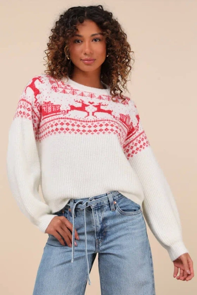 Lulus Cutest Cheer Ivory And Red Fair Isle Pullover Sweater In White
