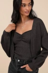 Lulus Cutest Duet Charcoal Knit Cami Top And Cardigan Sweater Set In Grey