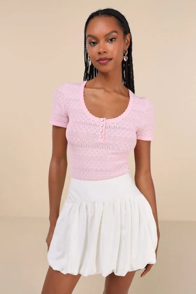Lulus Cutest Example Light Pink Pointelle Knit Short Sleeve Henley Top