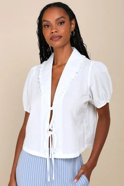 Lulus Cutest Existence Ivory Collared Tie-front Short Sleeve Top