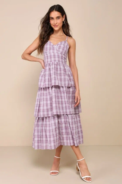 Lulus Cutest Flair Lilac Plaid Sleeveless Bustier Tiered Midi Dress