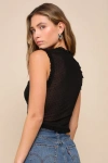 Lulus Cutest Flirt Black Mesh Ruffled Swiss Dot Bustier Tank Top In Black