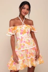 Lulus Cutest Instinct Ivory Floral Halter Cold-shoulder Mini Dress In Ivory