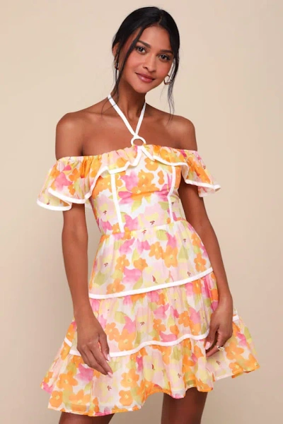 Lulus Cutest Instinct Ivory Floral Halter Cold-shoulder Mini Dress