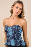 Lulus Cutest Persuasion Navy Blue Floral Jacquard Strapless Peplum Top In Navy Blue