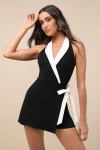 Lulus Cutest Poise Black Color Block Collared Halter Wrap Skort Romper In Black