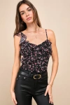 Lulus Cutest Potential Black Mesh Floral Ruffled Sleeveless Bodysuit In Black