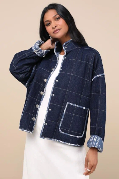 Lulus Cutest Preference Dark Wash Denim Mixed Media Quilted Jacket In Blue