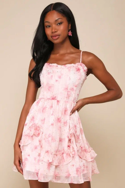 Lulus Cutest Sight Light Pink Floral Sleeveless Ruffled Mini Dress