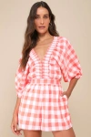 Lulus Cutest Viewpoint Neon Orange Gingham Dolman Sleeve V-neck Romper In Orange