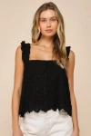 Lulus Cutest Weekend Black 3d Floral Embroidered Tie-back Tank Top In Black
