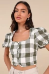 LULUS CUTEST WHIMSY GREEN GINGHAM PUFF SLEEVE BUTTON-FRONT CROP TOP