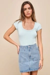 Lulus Effortless Mindset Sage Green Scoop Neck Short Sleeve Bodysuit In Blue
