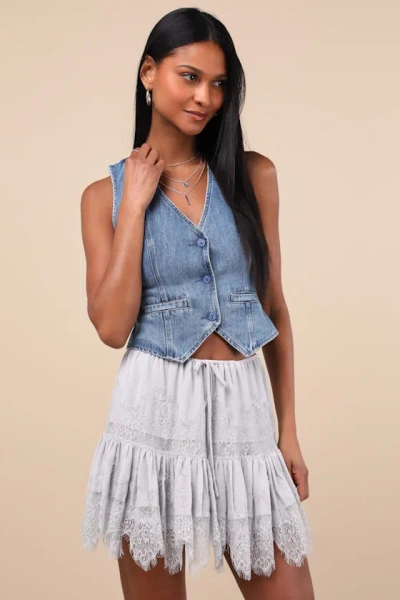 Lulus Cyla Dusty Blue Lace Tiered Mini Skirt