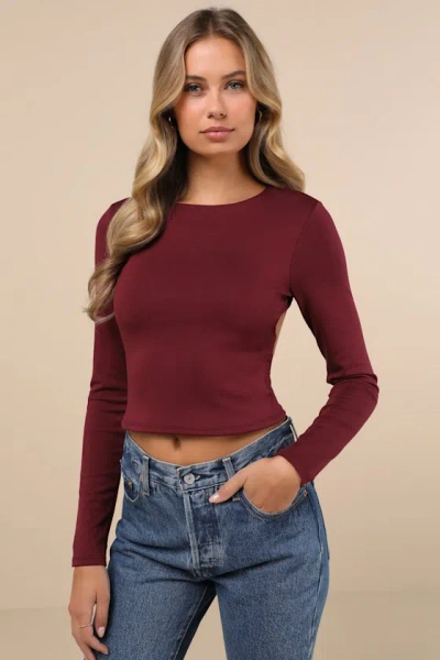 Lulus Daily Coolness Dark Plum Cutout Long Sleeve Crew Neck Top In Purple