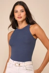 Lulus Daily Direction Dark Blue Ribbed Tank Top In Dark Blue
