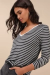 Lulus Daily 'fit Charcoal And Ivory Striped Long Sleeve Top In Ivory
