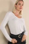 Lulus Daily 'fit Ivory And Grey Striped Long Sleeve Top In Ivory And Grey
