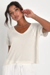 Lulus Daily Outing Cream Ribbed Short Sleeve Tee In Beige
