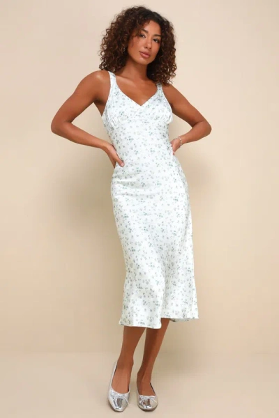 Lulus Dainty Romantic Sage Green Floral Satin Midi Dress