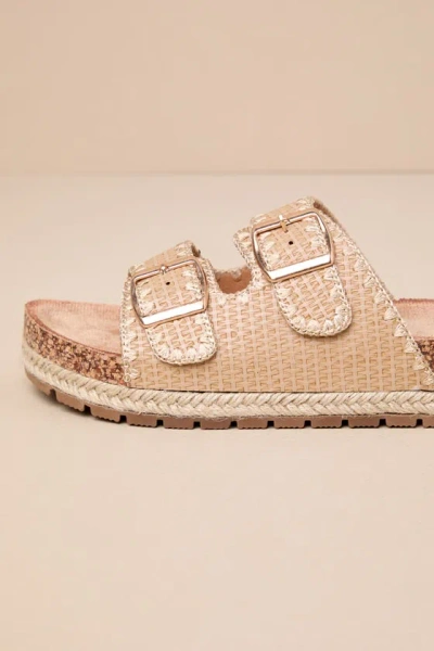 Lulus Dalair Natural Raffia Embroidered Buckled Flatform Slide Sandals In Brown