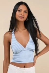 Lulus Damaina Light Blue Striped Satin Tie-back Halter Top