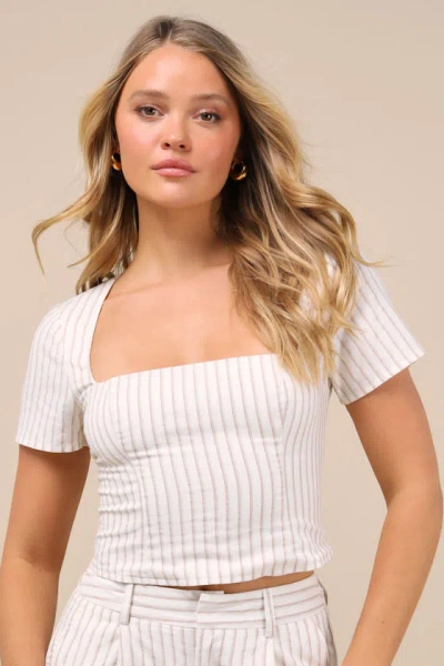 Lulus Danai Ivory And Beige Striped Short Sleeve Crop Top