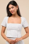 Lulus Danai White And Slate Striped Short Sleeve Crop Top