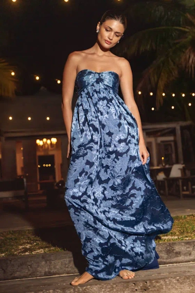 Lulus Danalia Navy Floral Burnout Strapless Maxi Dress In Blue