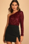 Lulus Dancing Diva Wine Red Sequin One-shoulder Bodysuit In Wine Red