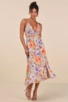 Lulus Danelle Taupe Floral Halter A-line Midi Dress In Taupe