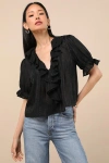 Lulus Dania Black Striped Ruffled Short Sleeve Top In Animal Print