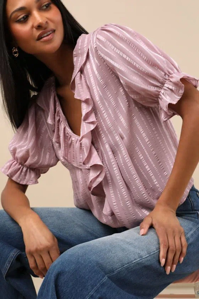 Lulus Dania Mauve Striped Ruffled Short Sleeve Top