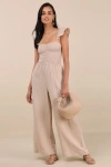 Lulus Daniyah Beige Smocked Flutter Sleeve Wide-leg Jumpsuit In Beige